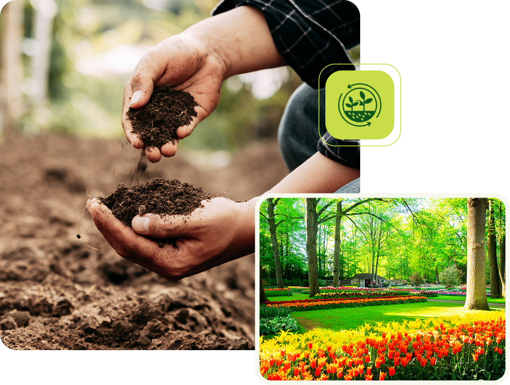 Hands holding soil, vibrant garden below.