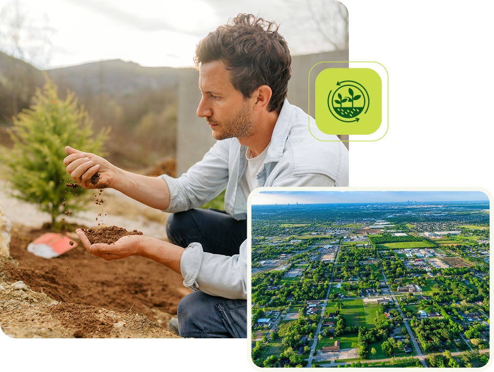 Man planting tree with aerial view inset.